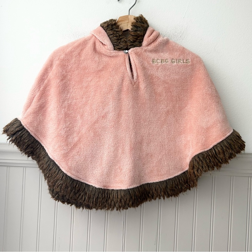 Vintage BCBG Girls Size 6 Pink Brown Faux Fur Hooded Poncho Cape